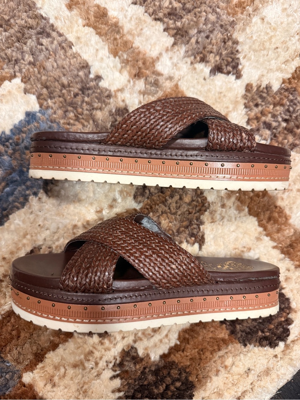Vince Camuto Brown Woven Platform Slide Sandals